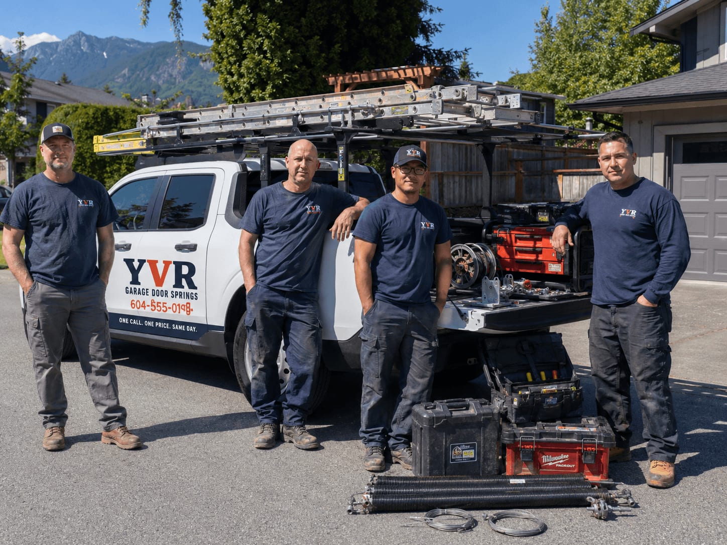 Four YVR Garage Door Springs technicians in navy uniforms standing in front of their wrapped white service truck, with North Shore mountains in the background and a tailgate full of replacement springs, openers, and tool boxes — the same crew that answers when you call.