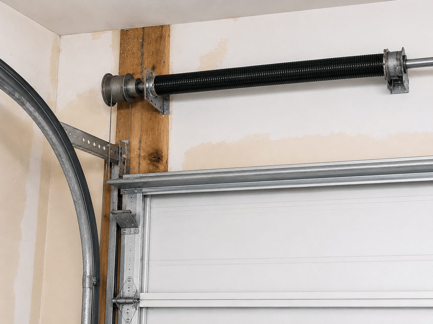 Standard torsion-spring system installed after converting away from Wayne Dalton TorqueMaster — exposed torsion spring on a steel shaft above a residential garage door, off-the-shelf parts ready for any future service